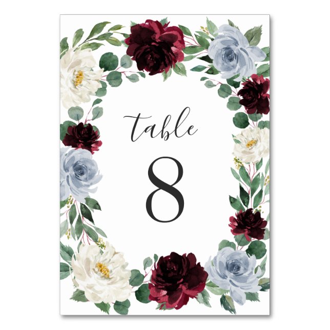 Tarjeta De Mesa Dusty Blue y Burgundy Cranberry Fall Wedding (Anverso)