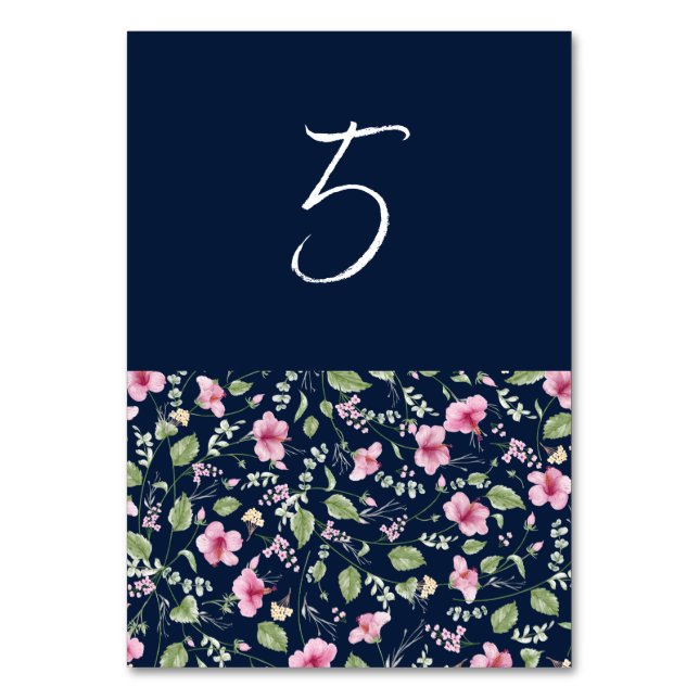 Tarjeta De Mesa Dusty Navy Blue Pink Hibiscus Bloom Shower (Anverso)
