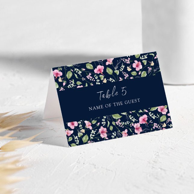 Tarjeta De Mesa Dusty Navy Blue Pink Hibiscus Wedding Place Card (Subido por el creador)