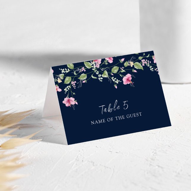 Tarjeta De Mesa Dusty Navy Blue Pink Hibiscus Wedding Place Card (Subido por el creador)