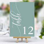 Tarjeta De Mesa Dusty Verde azulado Boda de caligrafía moderna<br><div class="desc">Guíe a sus huéspedes para que se senten con estos elegantes números de mesa verde azulados y polvorientos de boda de moda. Con un diseño minimalista con caligrafía moderna, estos números de mesa le dan un toque sofisticado a la recepción de su boda. El suave fondo y la tipografía limpia...</div>