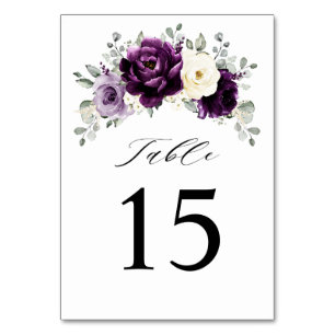 Tarjeta De Mesa Eggplant Purple Plum Marfil White Floral Boda