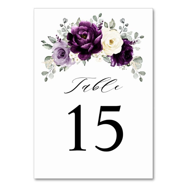 Tarjeta De Mesa Eggplant Purple Plum Marfil White Floral Boda (Anverso)