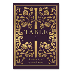 Tarjeta De Mesa Eggplant Real Medieval Sword Boda