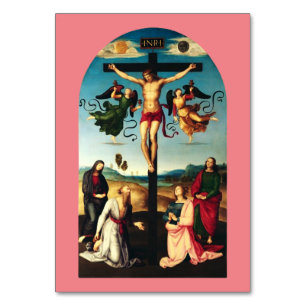 Tarjeta De Mesa El Cristo crucificado con la Virgen María