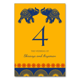 Tarjeta De Mesa Elefantes con temática india en Boda azul real