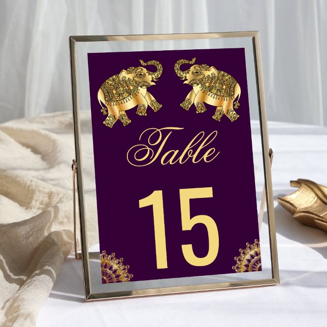 Tarjeta De Mesa Elefantes étnicos de oro morado Boda indio (Subido por el creador)