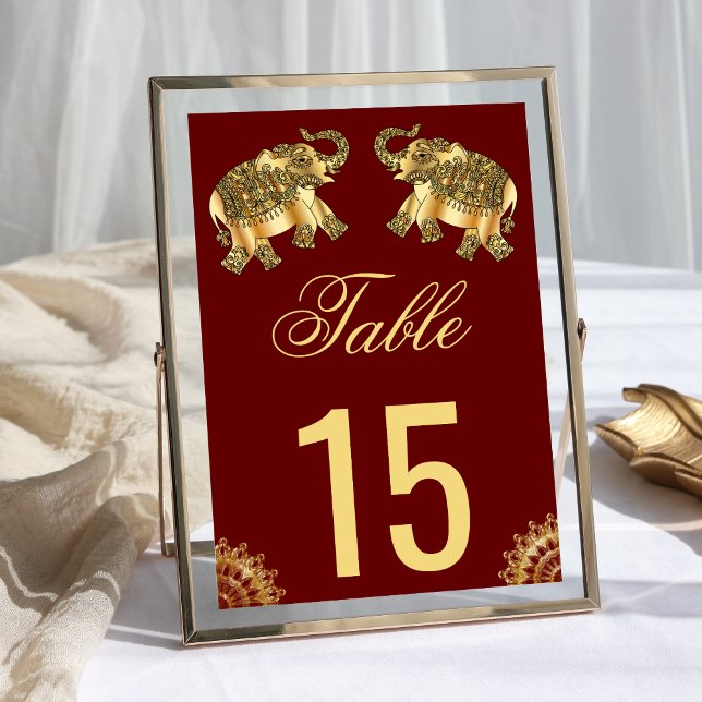 Tarjeta De Mesa Elefantes étnicos de oro rojo Boda indio (Subido por el creador)