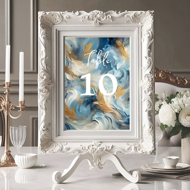 Tarjeta De Mesa Elegancia contemporánea: Oro blanco azul (Contemporary Blue, White, Gold Elegance table number card.)