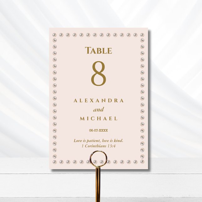 Tarjeta De Mesa Elegant Beige Pink Pearl Christian Wedding  (Subido por el creador)