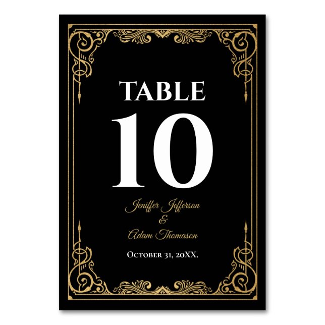 Tarjeta De Mesa Elegant black and gold Gothic Wedding (Anverso)