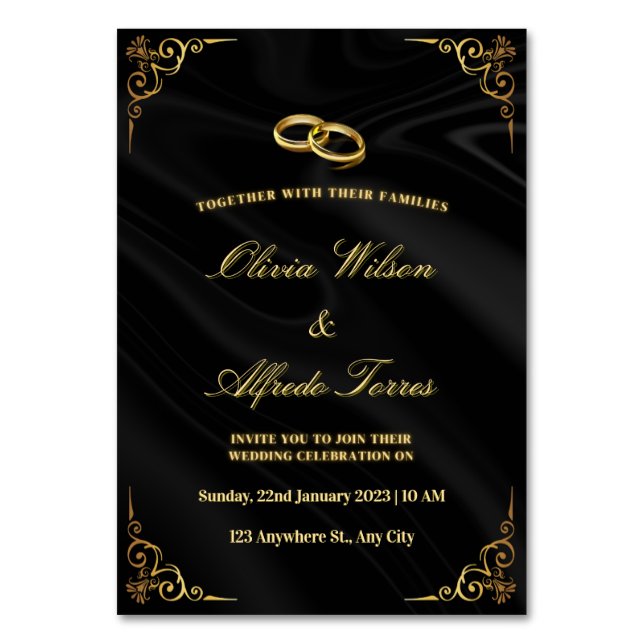 Tarjeta De Mesa Elegant Black and Gold Wedding Invitation (Anverso)