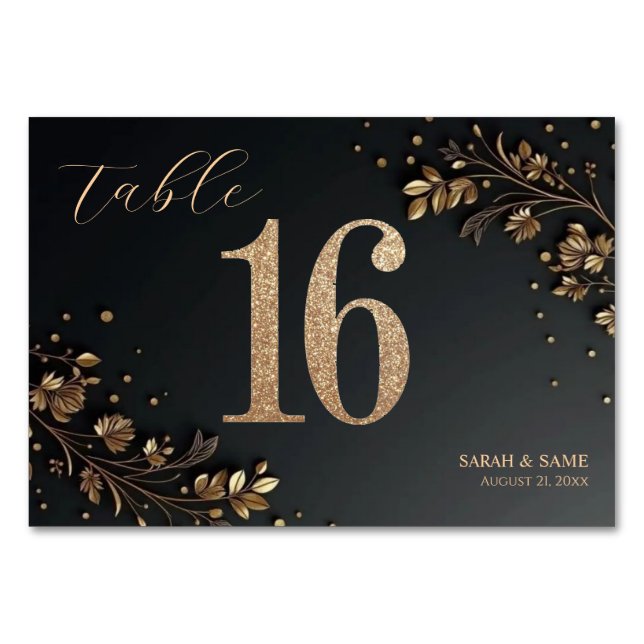 Tarjeta De Mesa Elegant Black Gold Floral Wedding Table Card (Anverso)