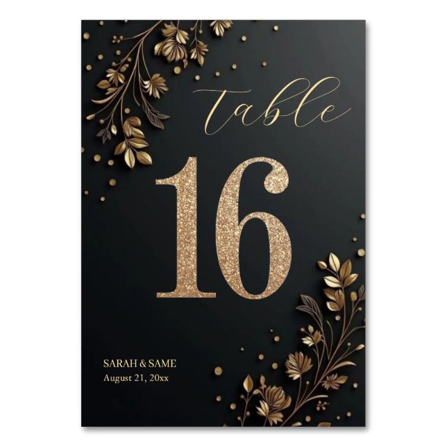 Tarjeta De Mesa Elegant Black Gold Floral Wedding Table Card (Anverso)