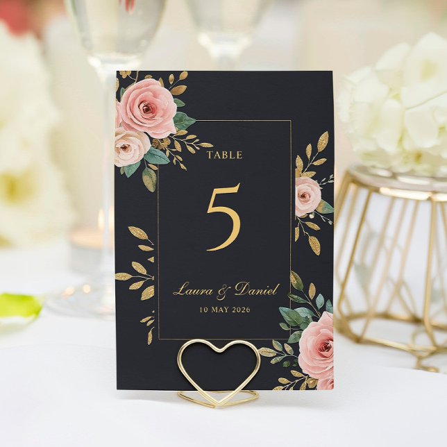 Tarjeta De Mesa Elegant Black & Gold Roses Wedding Table Number (Subido por el creador)