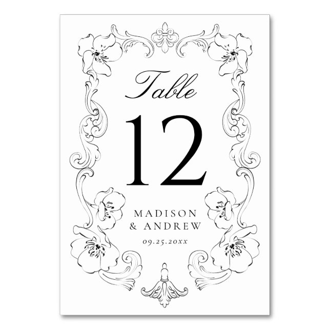 Tarjeta De Mesa Elegant Black Ornate Floral Frame Wedding (Anverso)