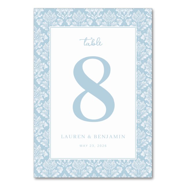 Tarjeta De Mesa Elegant Blue Damask Table Number (Anverso)