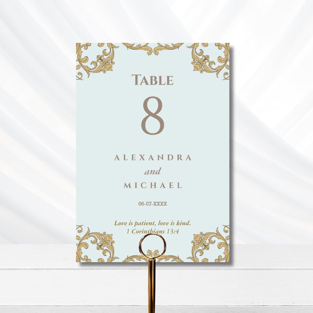 Tarjeta De Mesa Elegant Blue Ornate Baroque Christian Wedding  (Subido por el creador)