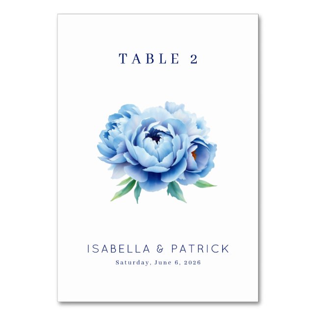 Tarjeta De Mesa Elegant Blue Peony Table Number (Anverso)