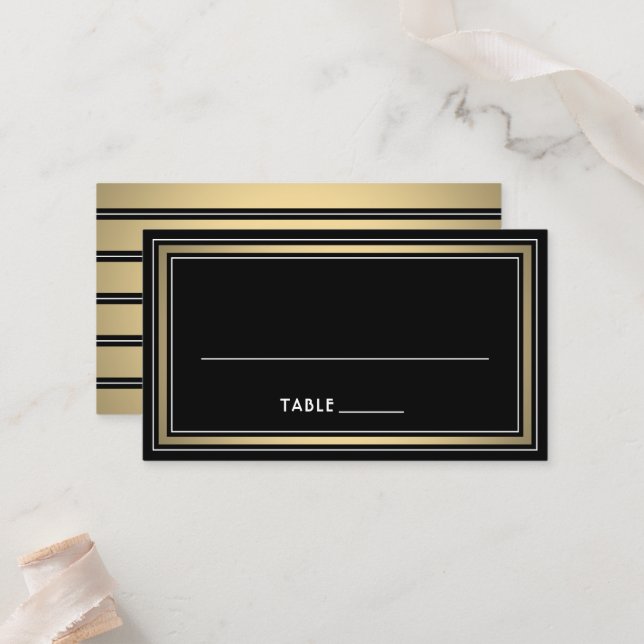 Tarjeta De Mesa Elegant Border Striped Black and Gold Escort / (Anverso/Reverso In Situ)