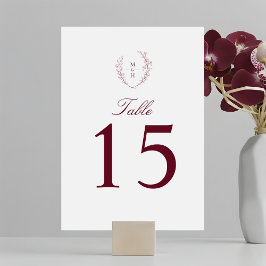 Tarjeta De Mesa Elegant Botanical Monogram Burgundy Wedding