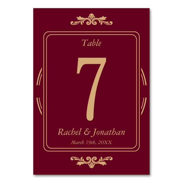 Tarjeta De Mesa Elegant Burgundy & Gold Wedding Table Number Card (Anverso)