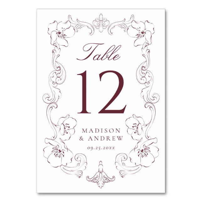 Tarjeta De Mesa Elegant Burgundy Ornate Floral Frame Wedding (Anverso)