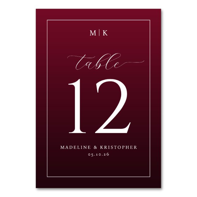 Tarjeta De Mesa Elegant Burgundy Table Number (Anverso)