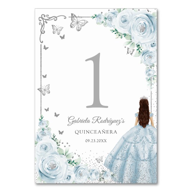 Tarjeta De Mesa Elegant Chic Baby Blue Roses Silver Quinceanera (Anverso)