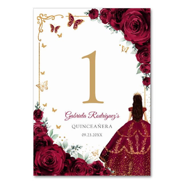 Tarjeta De Mesa Elegant Chic Burgundy Roses Gold Quinceanera (Anverso)