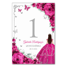 Tarjeta De Mesa Elegant Chic Fuchsia Pink Roses Silver Quinceanera