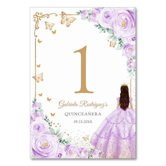 Tarjeta De Mesa Elegant Chic Lilac Purple Gold Quinceanera (Anverso)