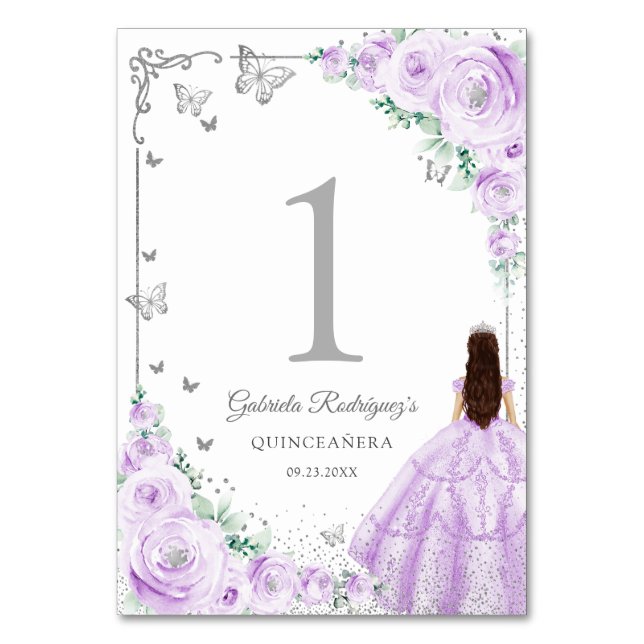 Tarjeta De Mesa Elegant Chic Lilac Purple Roses Silver Quinceanera (Anverso)