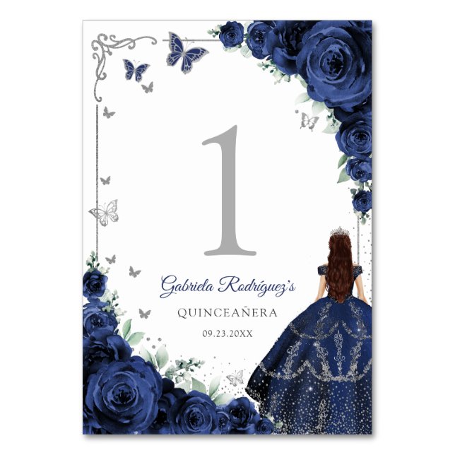 Tarjeta De Mesa Elegant Chic Navy Blue Roses Silver Quinceanera (Anverso)