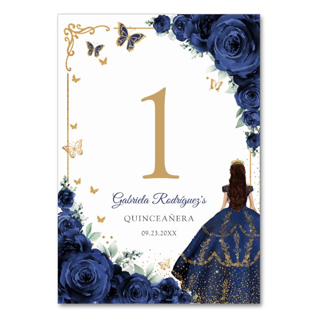 Tarjeta De Mesa Elegant Chic Navy Roses Gold Quinceanera (Anverso)