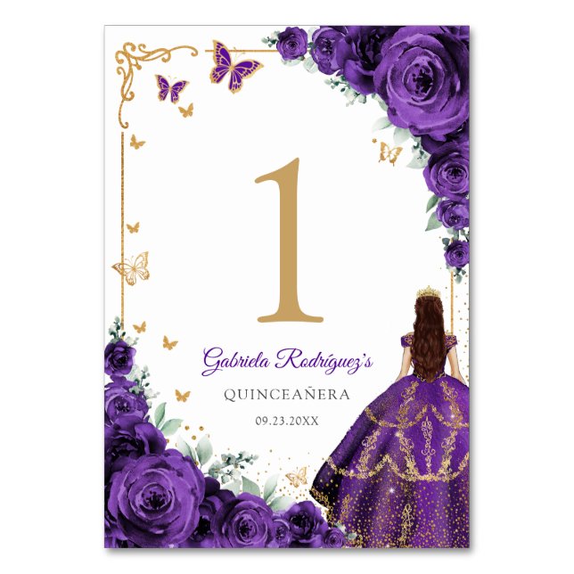 Tarjeta De Mesa Elegant Chic Purple Roses Gold Quinceanera (Anverso)