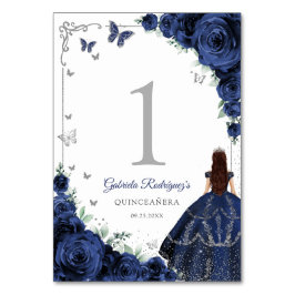 Tarjeta De Mesa Elegant Chic Royal Blue Roses Silver Quinceanera