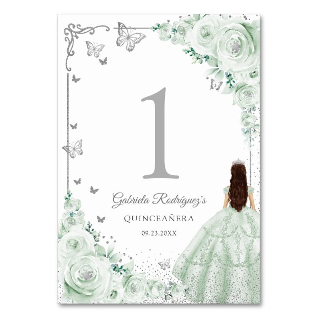Tarjeta De Mesa Elegant Chic Sage Green Roses Silver Quinceanera (Anverso)