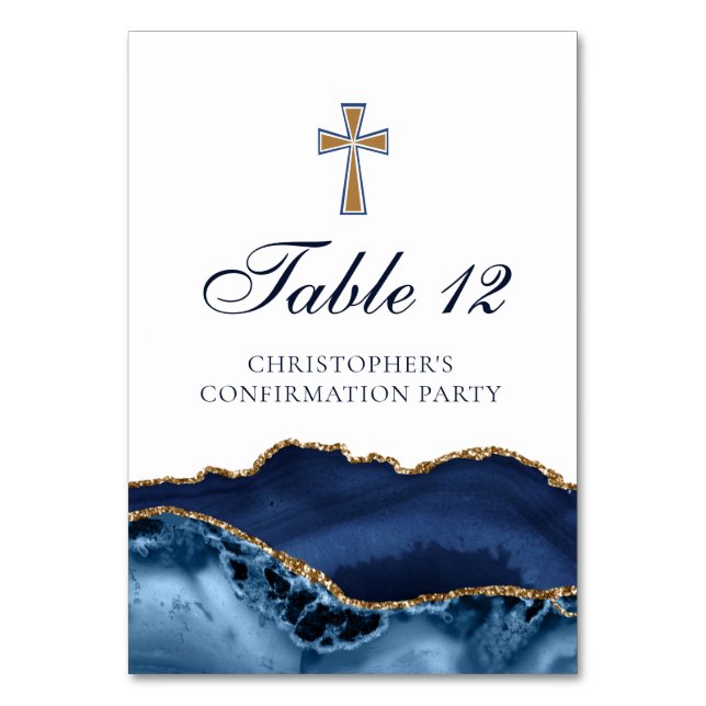 Tarjeta De Mesa Elegant Confirmation Cross Navy Blue Gold Agate (Anverso)