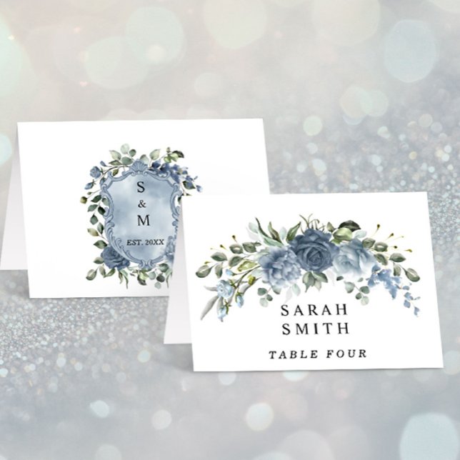 Tarjeta De Mesa Elegant Dusty Blue Floral Wedding Table Place Card (Subido por el creador)