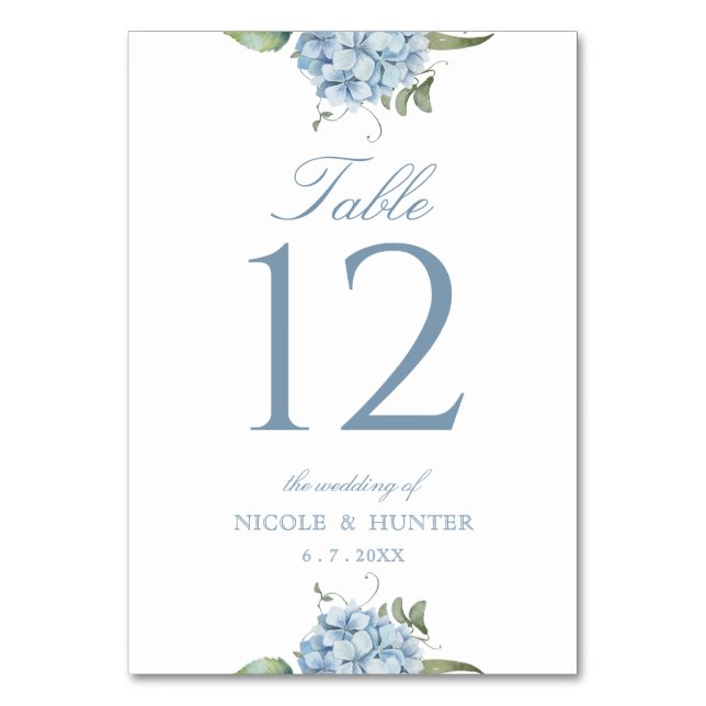 Tarjeta De Mesa Elegant Dusty Blue Hydrangea Wedding Table Number (Anverso)