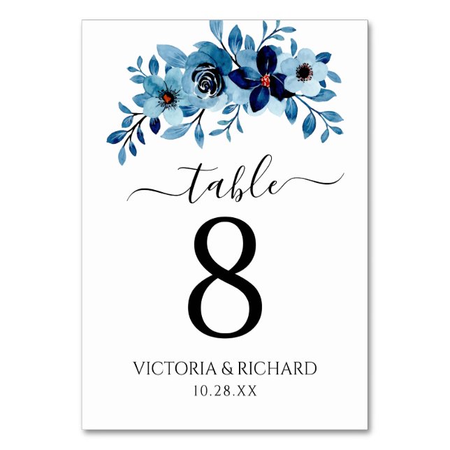 Tarjeta De Mesa elegant dusty Blue watercolor flower bouquet (Anverso)