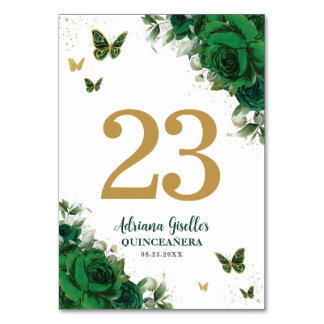 Tarjeta De Mesa Elegant Emerald Green Floral Gold Butterflies 