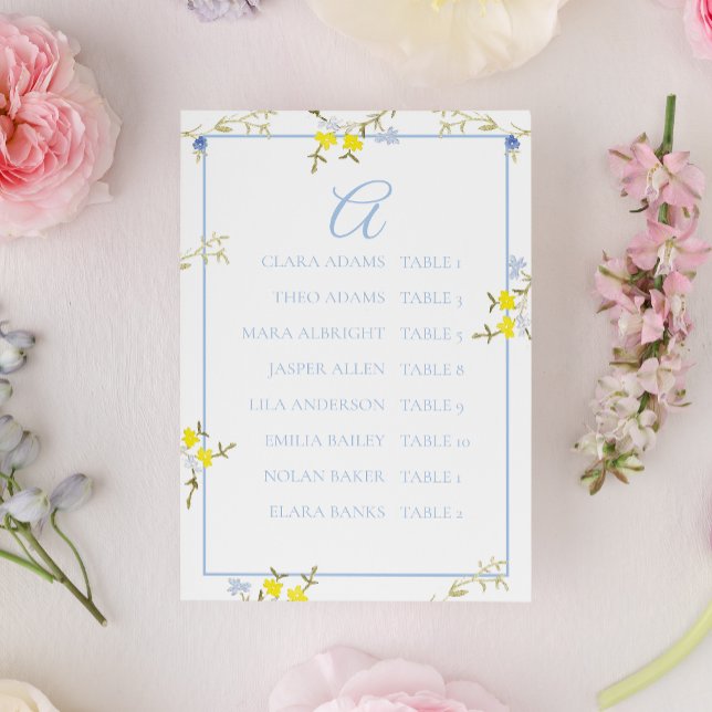 Tarjeta De Mesa Elegant Floral Blue & Yellow Wedding Seating Card (Subido por el creador)