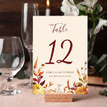 Tarjeta De Mesa Elegant Floral Boho Fall in Love Wedding<br><div class="desc">Add a romantic and stylish touch to your reception décor with the Modern Elegant Boho Floral Fall in Love Wedding Table Number. Designed to complement warm autumn celebrations and bohemian wedding themes, this table number features beautiful floral accents inspired by fall colors and natural botanical elements. The modern layout paired...</div>