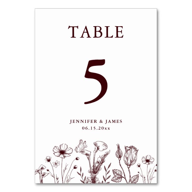 Tarjeta De Mesa Elegant Floral Burgundy Wedding  (Anverso)