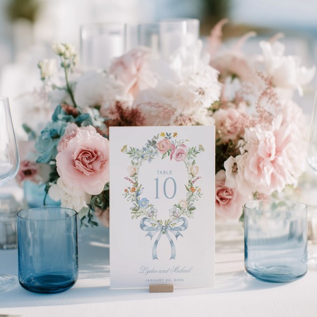 Tarjeta De Mesa Elegant Floral Wreath Crest Monogram Table Number (Subido por el creador)