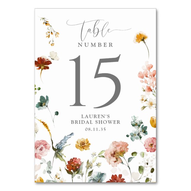 Tarjeta De Mesa Elegant Garden Flowers Bridal Shower Table Number (Anverso)