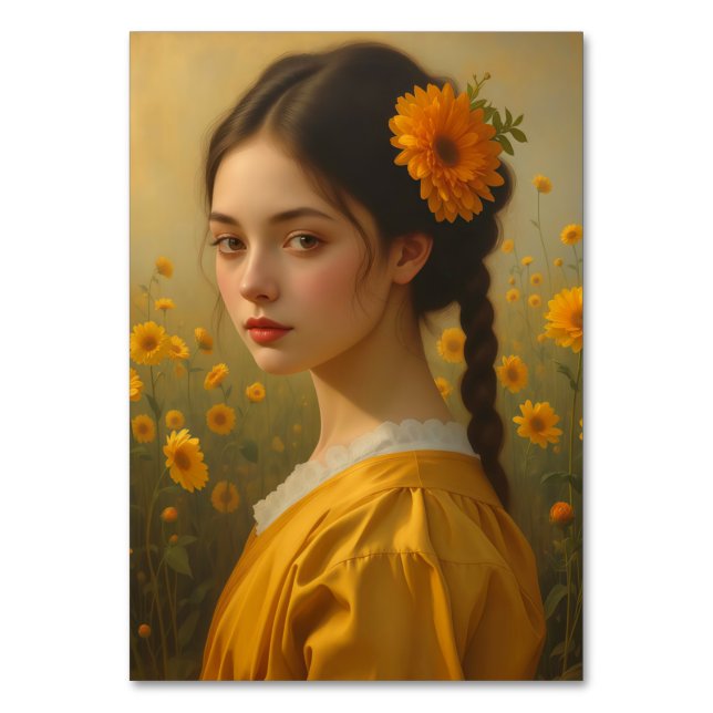 Tarjeta De Mesa Elegant Girl Portrait Among Sunflowers (Anverso)