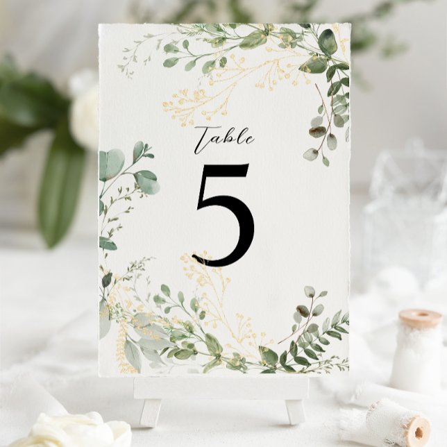 Tarjeta De Mesa Elegant Gold and Greenery Eucalyptus Wedding (Subido por el creador)